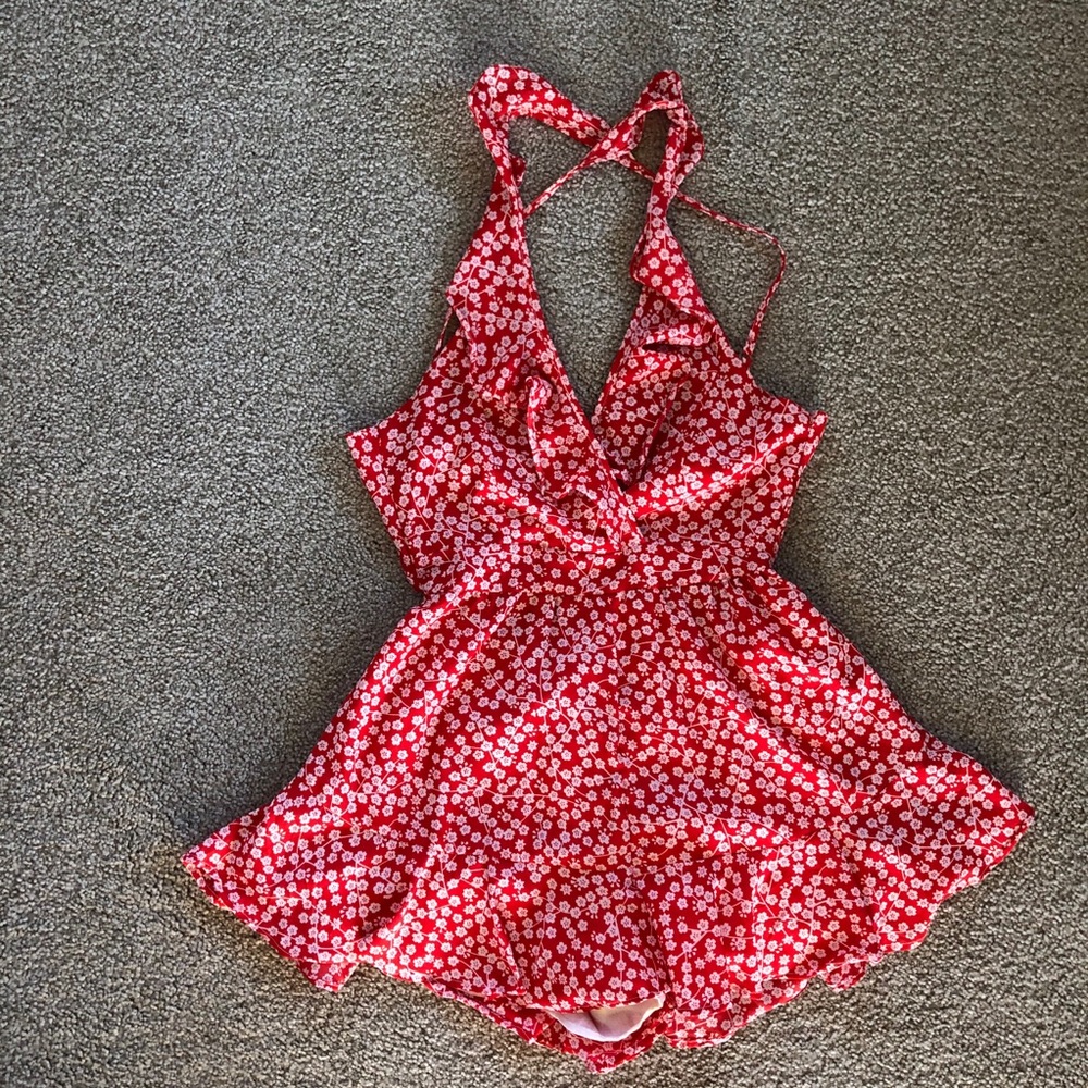 SHEIN Deep V Ruffle Romper Red White Print